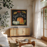 Autumn Harvest III Square by Mary Urban. Shown in a natural wood frame in a cozy modern living room. Available as an archival giclee rolled canvas, fine art paper, or poster print. SKU 33115a.