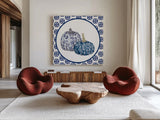 Autumn Harvest IV Chinoiserie by Mary Urban. Shown as extra-large giant wall art in a modern living room. Available as an archival giclee rolled canvas, fine art paper, or poster print. SKU 82808a.