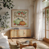 Autumn Harvest IV Linen by Mary Urban. Shown in a natural wood frame in a cozy modern living room. Available as an archival giclee rolled canvas, fine art paper, or poster print. SKU 47593a.