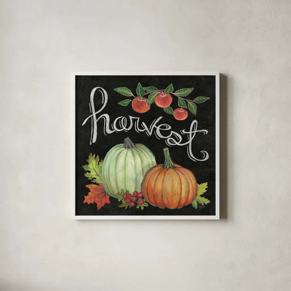 Autumn Harvest IV Square by Mary Urban. Shown in a crisp white glass frame for a clean and minimalist style. Available as an archival giclee rolled canvas, fine art paper, or poster print. SKU 33116a.