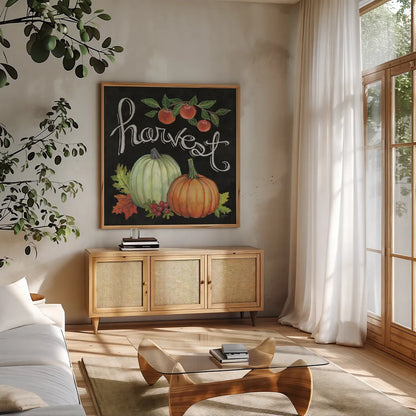 Autumn Harvest IV Square by Mary Urban. Shown in a natural wood frame in a cozy modern living room. Available as an archival giclee rolled canvas, fine art paper, or poster print. SKU 33116a.