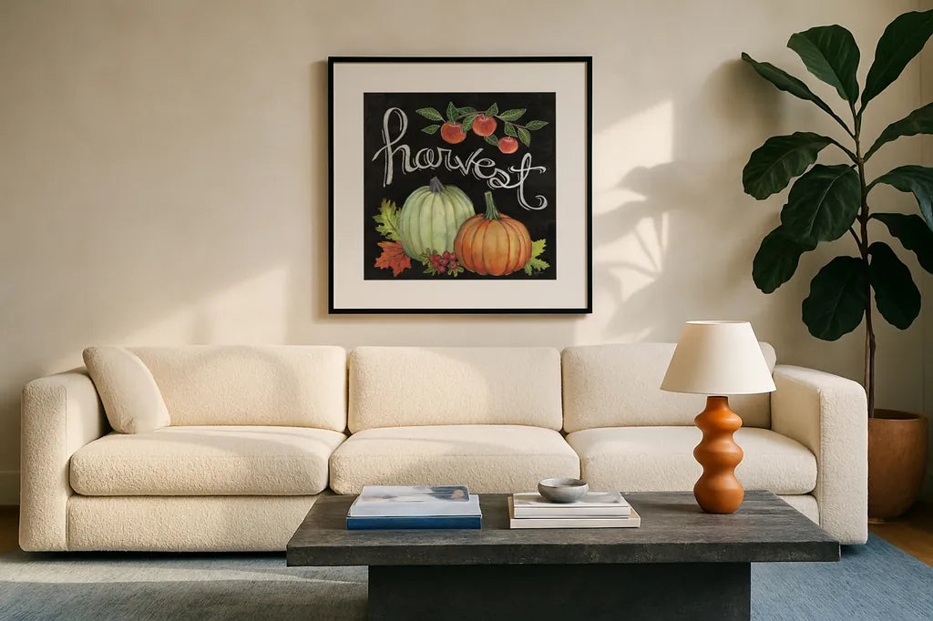 Autumn Harvest IV Square by Mary Urban. Displayed in a glass frame with matte in a clean modern living room. Available as an archival giclee rolled canvas, fine art paper, or poster print. SKU 33116a.