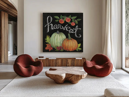 Autumn Harvest IV Square by Mary Urban. Shown as extra-large giant wall art in a modern living room. Available as an archival giclee rolled canvas, fine art paper, or poster print. SKU 33116a.