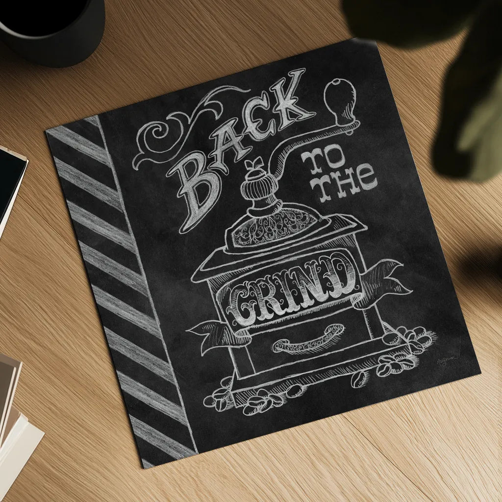 Back to the Grind by Mary Urban. Shown as a detailed flat fine art print, highlighting archival giclee quality. Available as an archival giclee rolled canvas, fine art paper, or poster print. SKU 19839a.