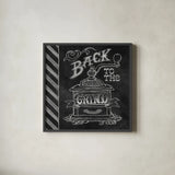 Back to the Grind by Mary Urban. Shown in a sleek black glass frame for a contemporary gallery look. Available as an archival giclee rolled canvas, fine art paper, or poster print. SKU 19839a.