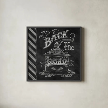 Back to the Grind by Mary Urban. Shown in a sleek black glass frame for a contemporary gallery look. Available as an archival giclee rolled canvas, fine art paper, or poster print. SKU 19839a.