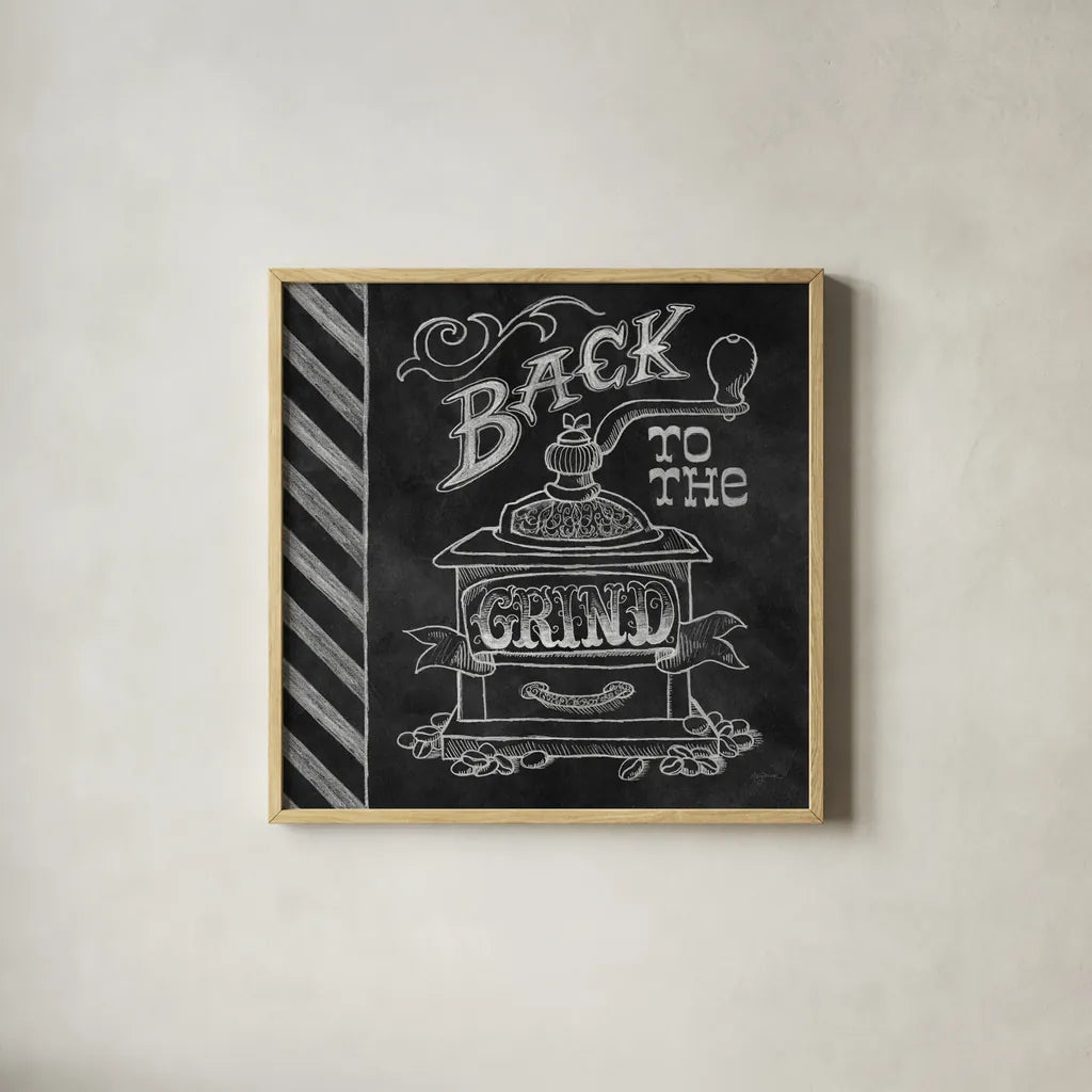 Back to the Grind by Mary Urban. Shown in a natural wood glass frame for a timeless modern aesthetic. Available as an archival giclee rolled canvas, fine art paper, or poster print. SKU 19839a.
