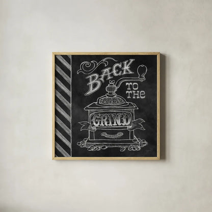 Back to the Grind by Mary Urban. Shown in a natural wood glass frame for a timeless modern aesthetic. Available as an archival giclee rolled canvas, fine art paper, or poster print. SKU 19839a.
