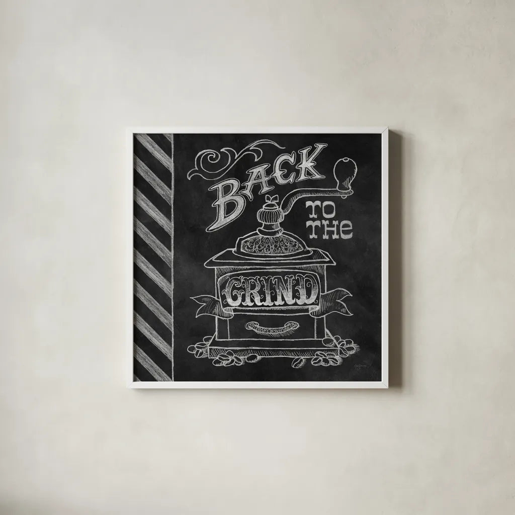 Back to the Grind by Mary Urban. Shown in a crisp white glass frame for a clean and minimalist style. Available as an archival giclee rolled canvas, fine art paper, or poster print. SKU 19839a.