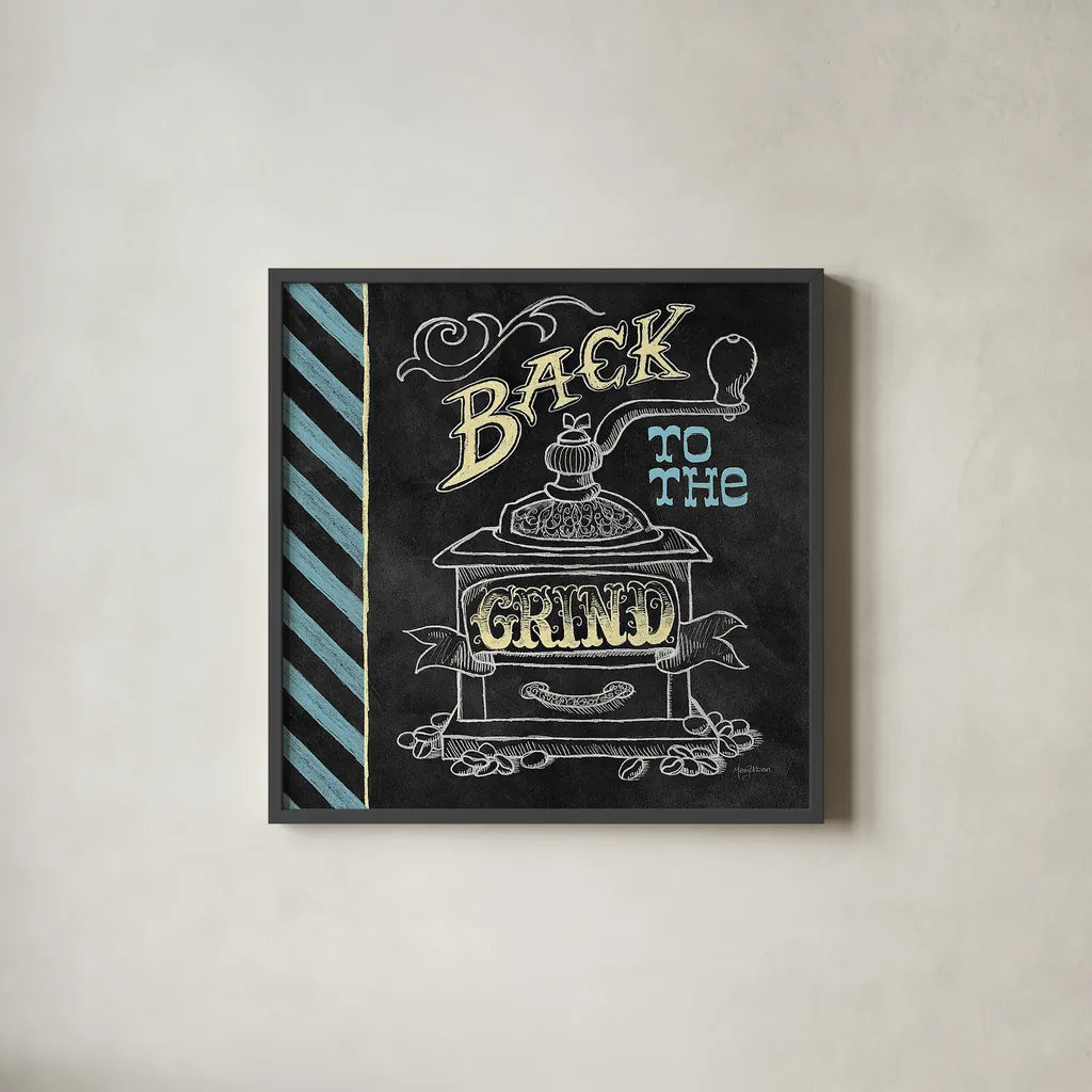 Back to the Grind Color by Mary Urban. Shown in a sleek black glass frame for a contemporary gallery look. Available as an archival giclee rolled canvas, fine art paper, or poster print. SKU 38642a.
