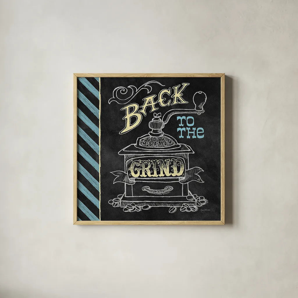 Back to the Grind Color by Mary Urban. Shown in a natural wood glass frame for a timeless modern aesthetic. Available as an archival giclee rolled canvas, fine art paper, or poster print. SKU 38642a.
