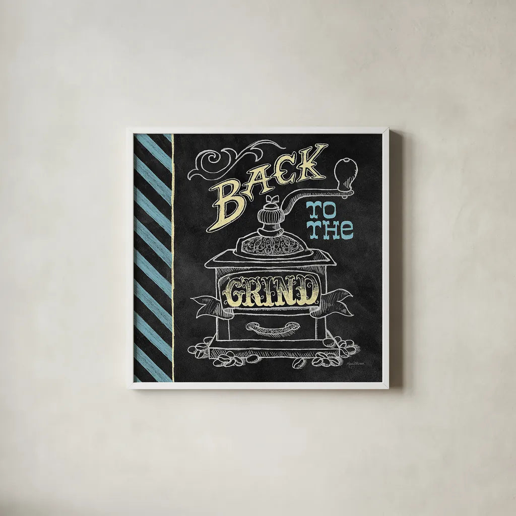 Back to the Grind Color by Mary Urban. Shown in a crisp white glass frame for a clean and minimalist style. Available as an archival giclee rolled canvas, fine art paper, or poster print. SKU 38642a.