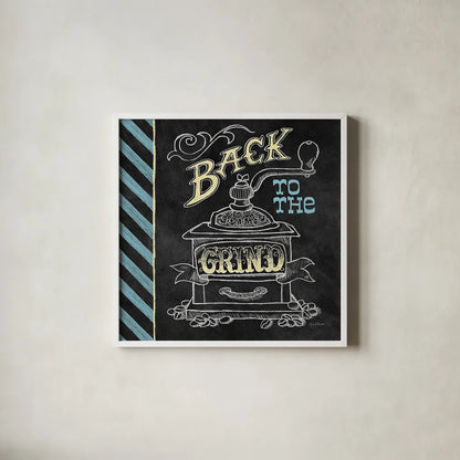 Back to the Grind Color by Mary Urban. Shown in a crisp white glass frame for a clean and minimalist style. Available as an archival giclee rolled canvas, fine art paper, or poster print. SKU 38642a.