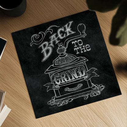 Back to the Grind No Border Square by Mary Urban. Shown as a detailed flat fine art print, highlighting archival giclee quality. Available as an archival giclee rolled canvas, fine art paper, or poster print. SKU 38644a.