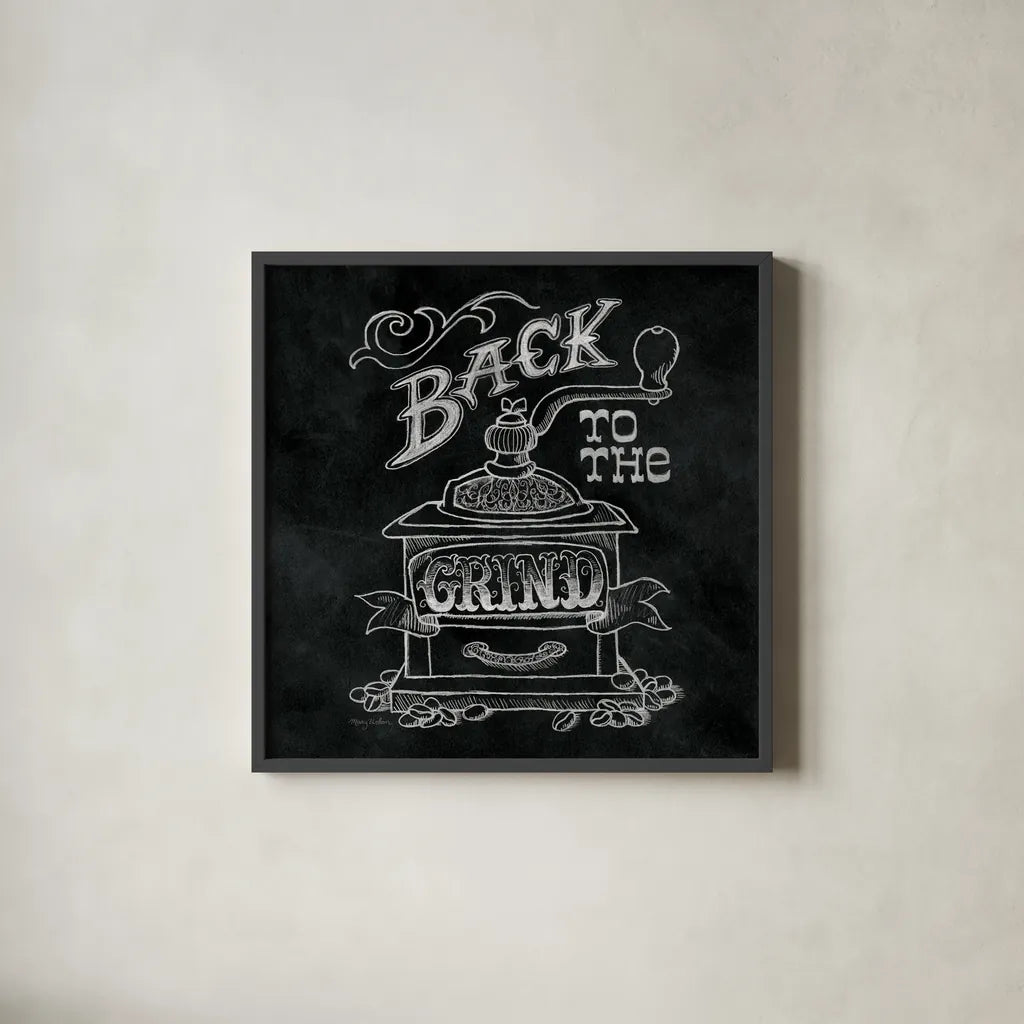 Back to the Grind No Border Square by Mary Urban. Shown in a sleek black glass frame for a contemporary gallery look. Available as an archival giclee rolled canvas, fine art paper, or poster print. SKU 38644a.
