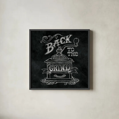 Back to the Grind No Border Square by Mary Urban. Shown in a sleek black glass frame for a contemporary gallery look. Available as an archival giclee rolled canvas, fine art paper, or poster print. SKU 38644a.