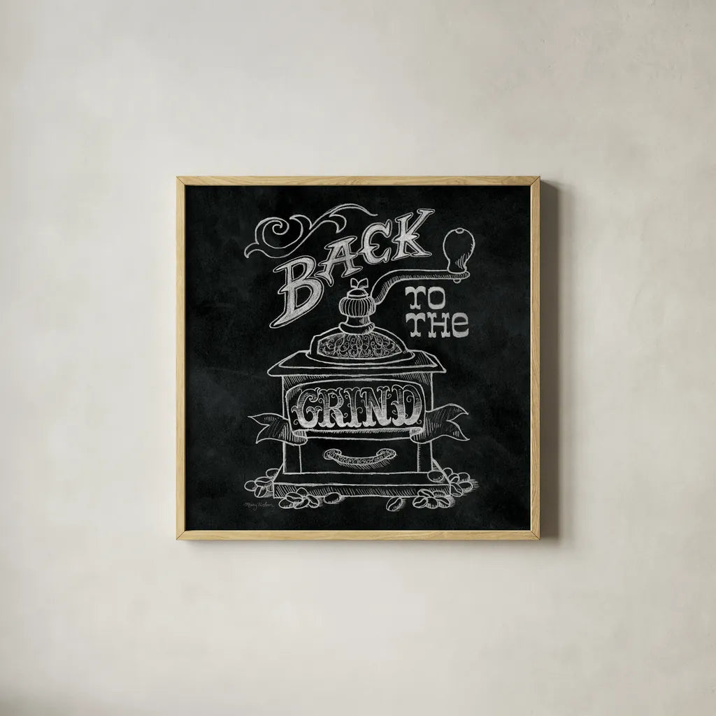 Back to the Grind No Border Square by Mary Urban. Shown in a natural wood glass frame for a timeless modern aesthetic. Available as an archival giclee rolled canvas, fine art paper, or poster print. SKU 38644a.