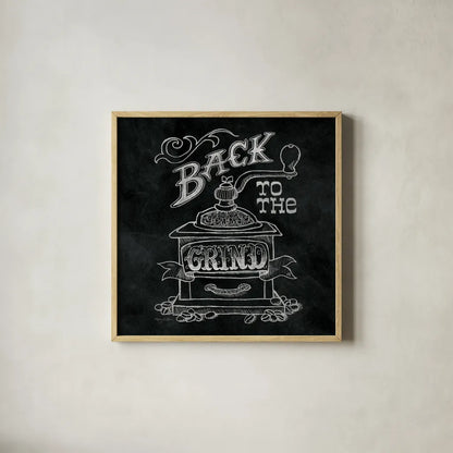 Back to the Grind No Border Square by Mary Urban. Shown in a natural wood glass frame for a timeless modern aesthetic. Available as an archival giclee rolled canvas, fine art paper, or poster print. SKU 38644a.