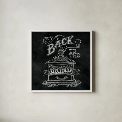 Back to the Grind No Border Square by Mary Urban. Shown in a crisp white glass frame for a clean and minimalist style. Available as an archival giclee rolled canvas, fine art paper, or poster print. SKU 38644a.