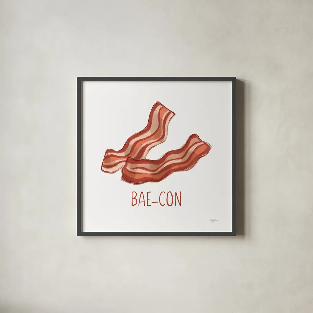 Bacon and Eggs I by Mary Urban. Shown in a sleek black glass frame for a contemporary gallery look. Available as an archival giclee rolled canvas, fine art paper, or poster print. SKU 76217a.