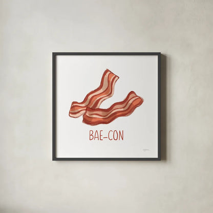Bacon and Eggs I by Mary Urban. Shown in a sleek black glass frame for a contemporary gallery look. Available as an archival giclee rolled canvas, fine art paper, or poster print. SKU 76217a.