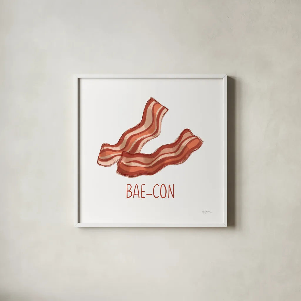 Bacon and Eggs I by Mary Urban. Shown in a crisp white glass frame for a clean and minimalist style. Available as an archival giclee rolled canvas, fine art paper, or poster print. SKU 76217a.