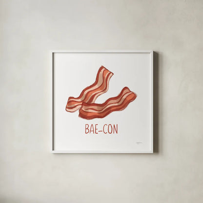 Bacon and Eggs I by Mary Urban. Shown in a crisp white glass frame for a clean and minimalist style. Available as an archival giclee rolled canvas, fine art paper, or poster print. SKU 76217a.