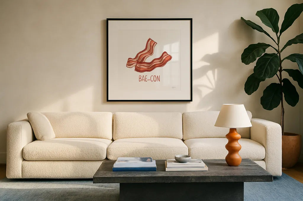 Bacon and Eggs I by Mary Urban. Displayed in a glass frame with matte in a clean modern living room. Available as an archival giclee rolled canvas, fine art paper, or poster print. SKU 76217a.