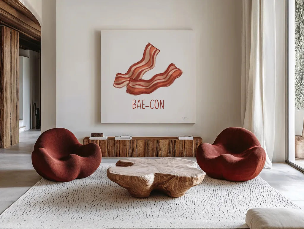 Bacon and Eggs I by Mary Urban. Shown as extra-large giant wall art in a modern living room. Available as an archival giclee rolled canvas, fine art paper, or poster print. SKU 76217a.