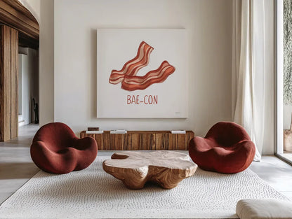 Bacon and Eggs I by Mary Urban. Shown as extra-large giant wall art in a modern living room. Available as an archival giclee rolled canvas, fine art paper, or poster print. SKU 76217a.