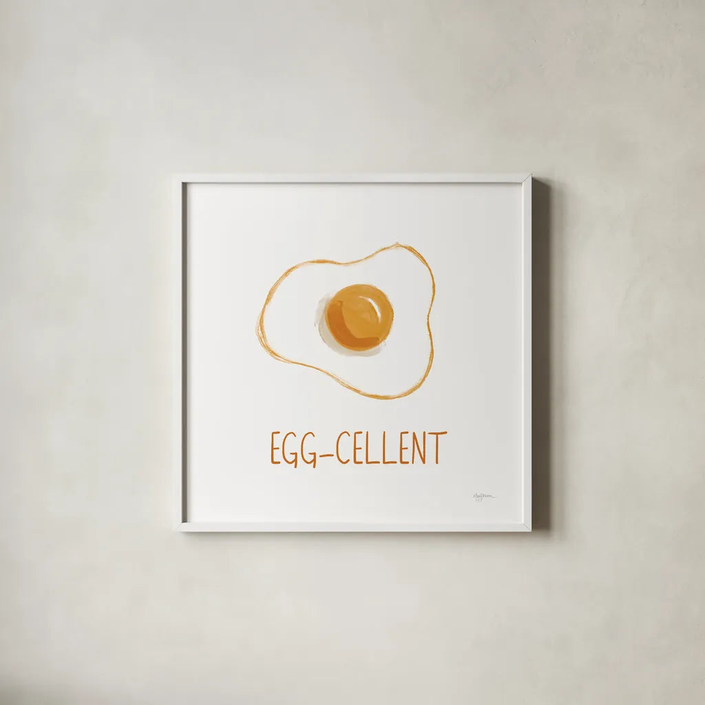 Bacon and Eggs II by Mary Urban. Shown in a crisp white glass frame for a clean and minimalist style. Available as an archival giclee rolled canvas, fine art paper, or poster print. SKU 76218a.