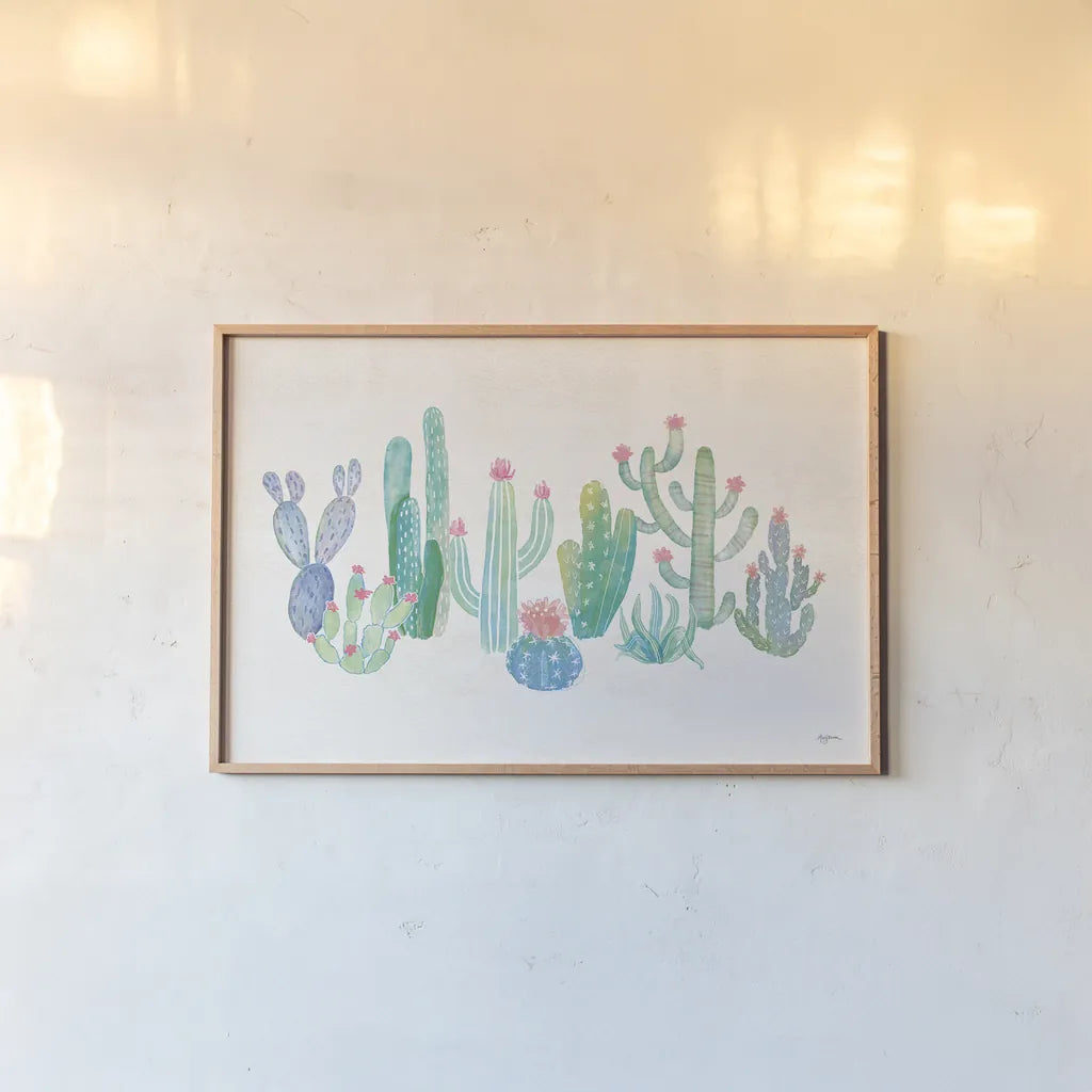Bohemian Cactus I by Mary Urban. shown as a paper print in a natural frame. Available as a archival giclee rolled canvas, fine art paper, or poster print. SKU 46231i.