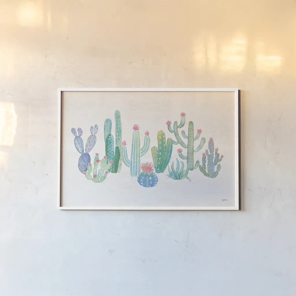 Bohemian Cactus I by Mary Urban. shown as a paper print in a white frame. Available as a archival giclee rolled canvas, fine art paper, or poster print. SKU 46231i.
