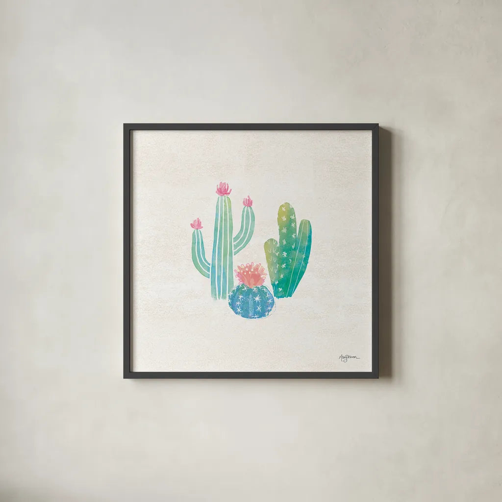 Bohemian Cactus III by Mary Urban. Shown in a sleek black glass frame for a contemporary gallery look. Available as an archival giclee rolled canvas, fine art paper, or poster print. SKU 46233a.