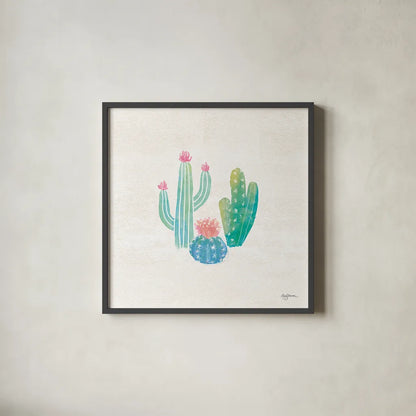 Bohemian Cactus III by Mary Urban. Shown in a sleek black glass frame for a contemporary gallery look. Available as an archival giclee rolled canvas, fine art paper, or poster print. SKU 46233a.