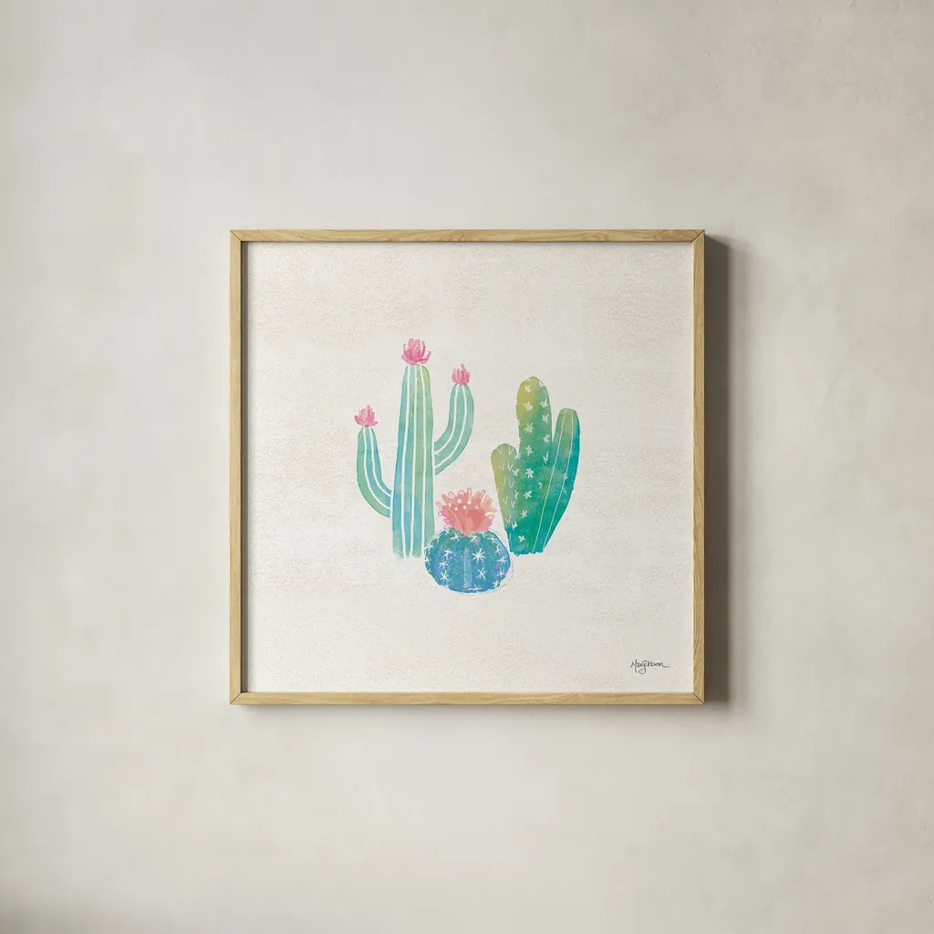 Bohemian Cactus III by Mary Urban. Shown in a natural wood glass frame for a timeless modern aesthetic. Available as an archival giclee rolled canvas, fine art paper, or poster print. SKU 46233a.