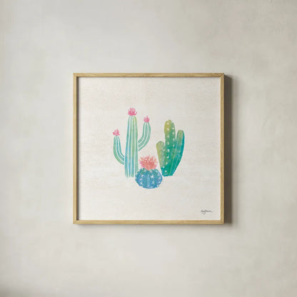 Bohemian Cactus III by Mary Urban. Shown in a natural wood glass frame for a timeless modern aesthetic. Available as an archival giclee rolled canvas, fine art paper, or poster print. SKU 46233a.