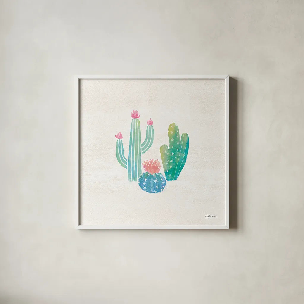Bohemian Cactus III by Mary Urban. Shown in a crisp white glass frame for a clean and minimalist style. Available as an archival giclee rolled canvas, fine art paper, or poster print. SKU 46233a.