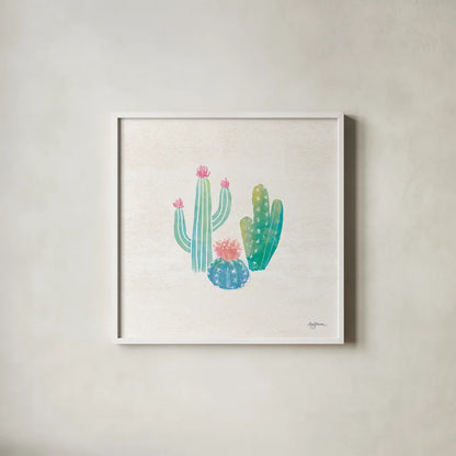 Bohemian Cactus III by Mary Urban. Shown in a crisp white glass frame for a clean and minimalist style. Available as an archival giclee rolled canvas, fine art paper, or poster print. SKU 46233a.
