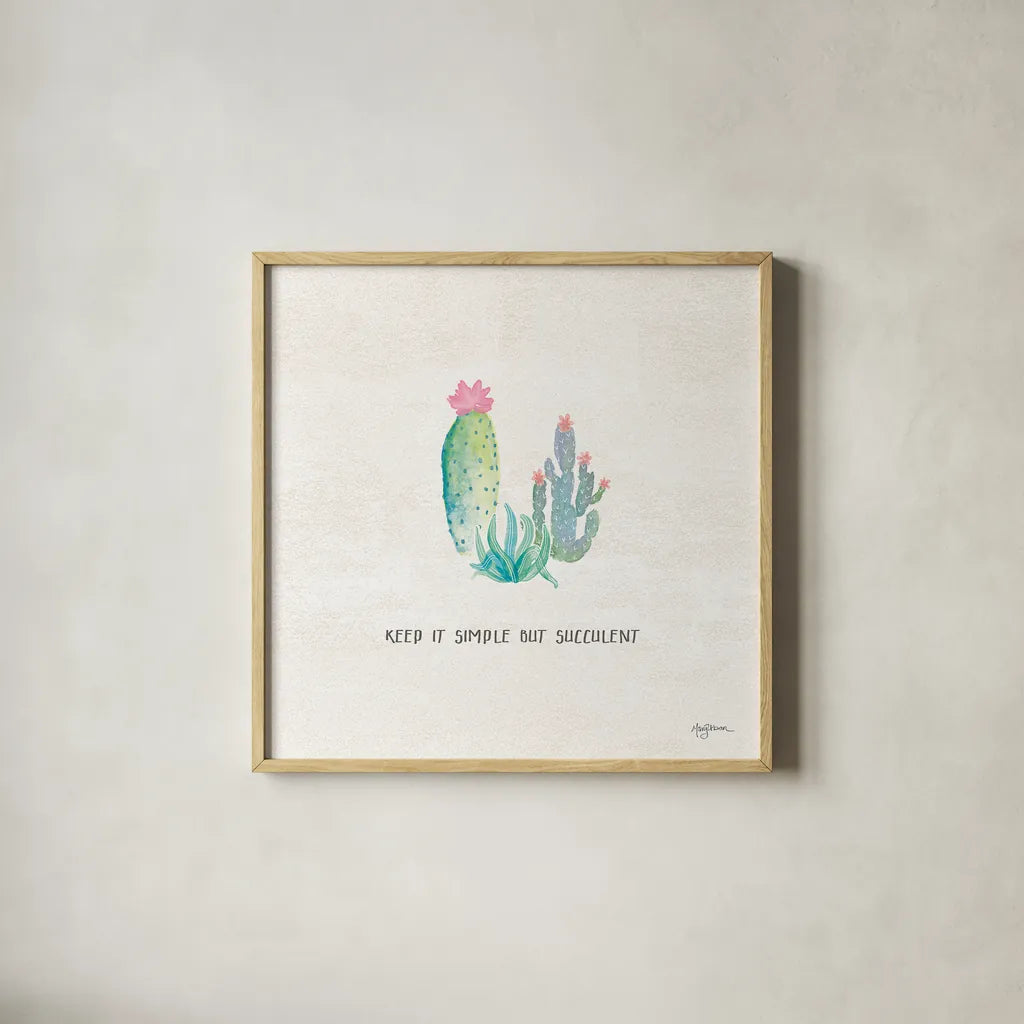 Bohemian Cactus IX by Mary Urban. Shown in a natural wood glass frame for a timeless modern aesthetic. Available as an archival giclee rolled canvas, fine art paper, or poster print. SKU 46239a.