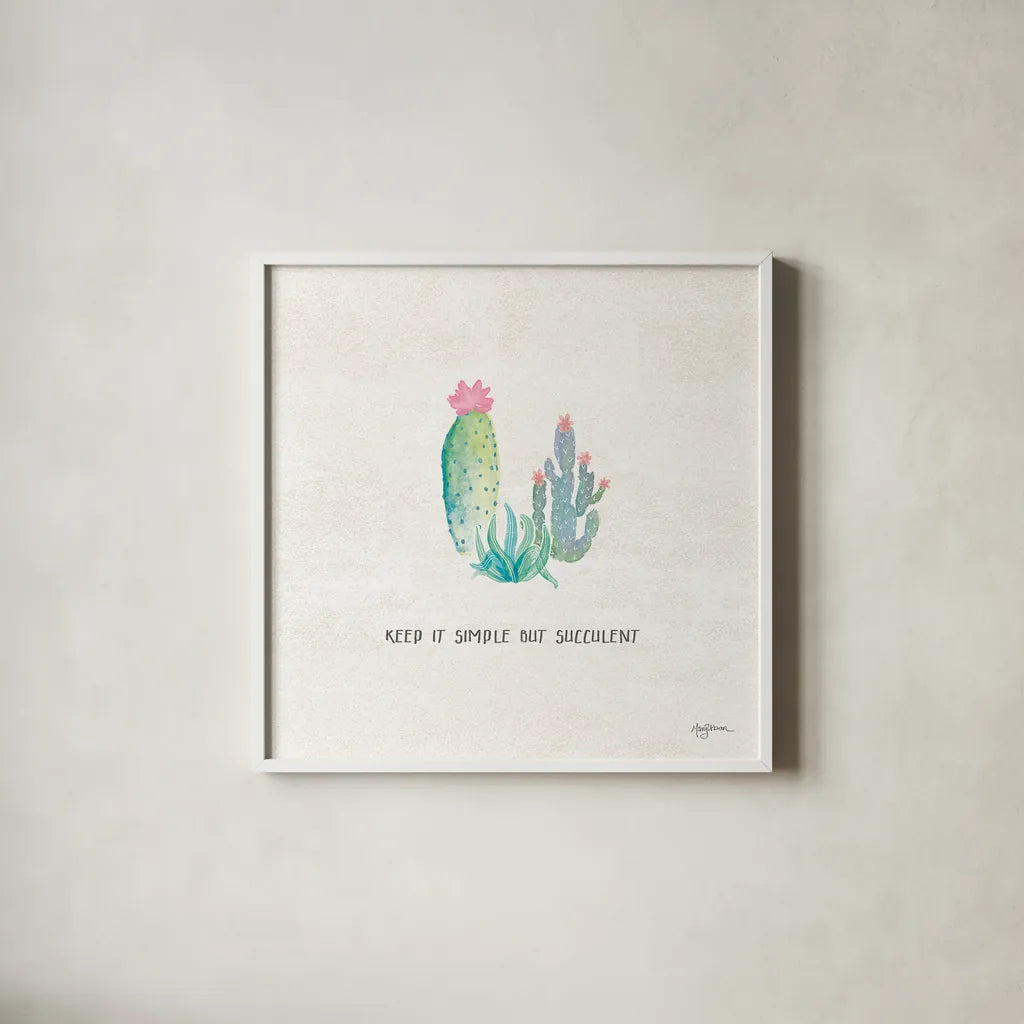 Bohemian Cactus IX by Mary Urban. Shown in a crisp white glass frame for a clean and minimalist style. Available as an archival giclee rolled canvas, fine art paper, or poster print. SKU 46239a.