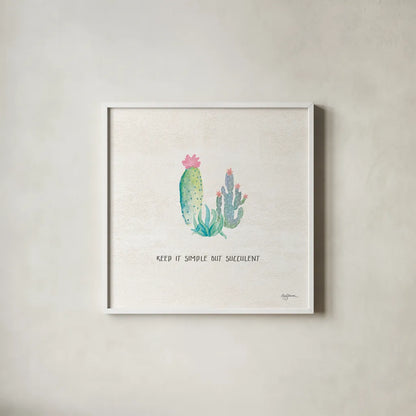 Bohemian Cactus IX by Mary Urban. Shown in a crisp white glass frame for a clean and minimalist style. Available as an archival giclee rolled canvas, fine art paper, or poster print. SKU 46239a.