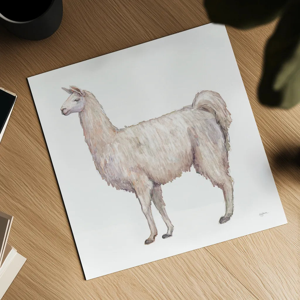 Bohemian Cactus Llama by Mary Urban. Shown as a detailed flat fine art print, highlighting archival giclee quality. Available as an archival giclee rolled canvas, fine art paper, or poster print. SKU 46810a.
