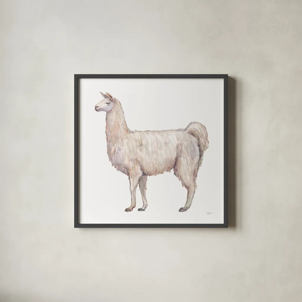 Bohemian Cactus Llama by Mary Urban. Shown in a sleek black glass frame for a contemporary gallery look. Available as an archival giclee rolled canvas, fine art paper, or poster print. SKU 46810a.