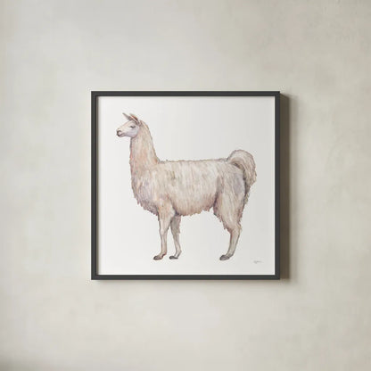 Bohemian Cactus Llama by Mary Urban. Shown in a sleek black glass frame for a contemporary gallery look. Available as an archival giclee rolled canvas, fine art paper, or poster print. SKU 46810a.