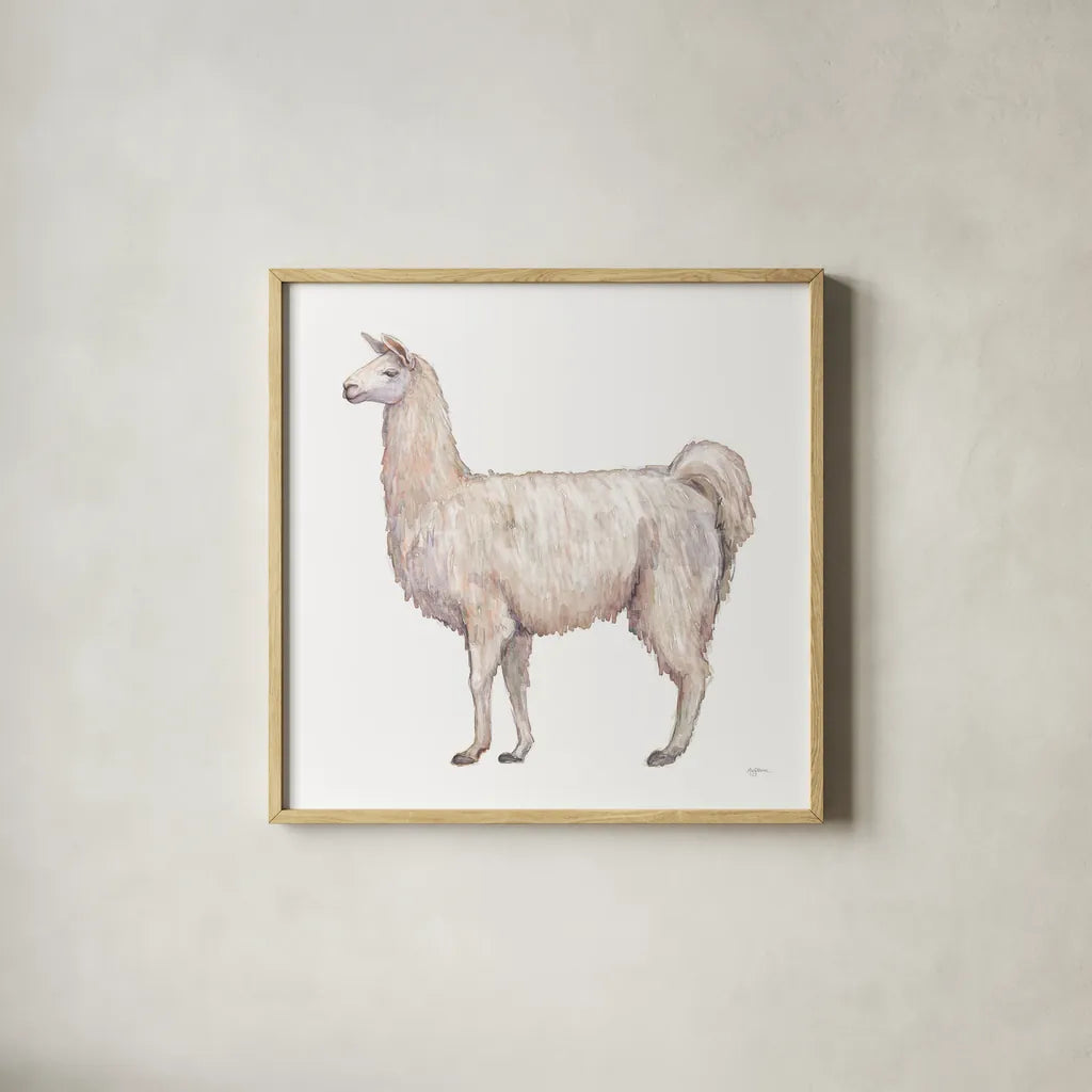 Bohemian Cactus Llama by Mary Urban. Shown in a natural wood glass frame for a timeless modern aesthetic. Available as an archival giclee rolled canvas, fine art paper, or poster print. SKU 46810a.