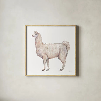 Bohemian Cactus Llama by Mary Urban. Shown in a natural wood glass frame for a timeless modern aesthetic. Available as an archival giclee rolled canvas, fine art paper, or poster print. SKU 46810a.