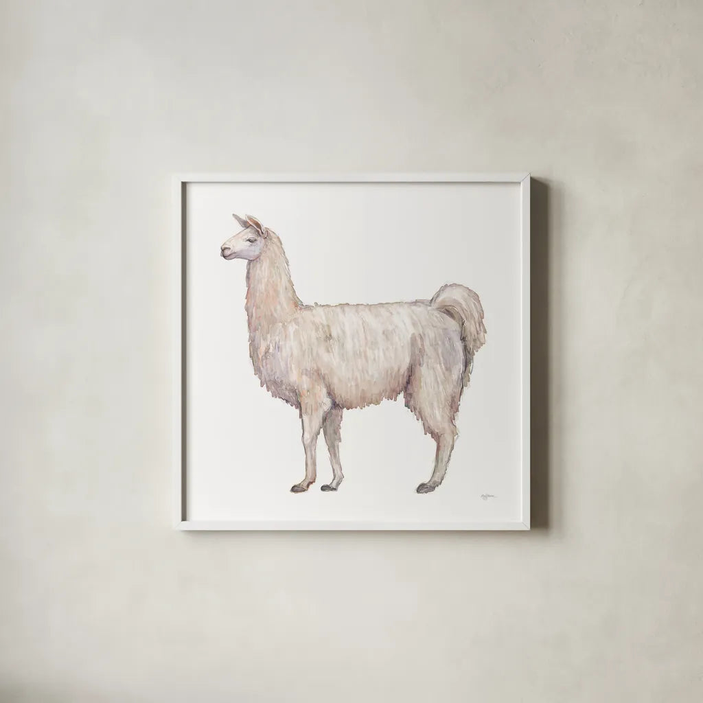 Bohemian Cactus Llama by Mary Urban. Shown in a crisp white glass frame for a clean and minimalist style. Available as an archival giclee rolled canvas, fine art paper, or poster print. SKU 46810a.