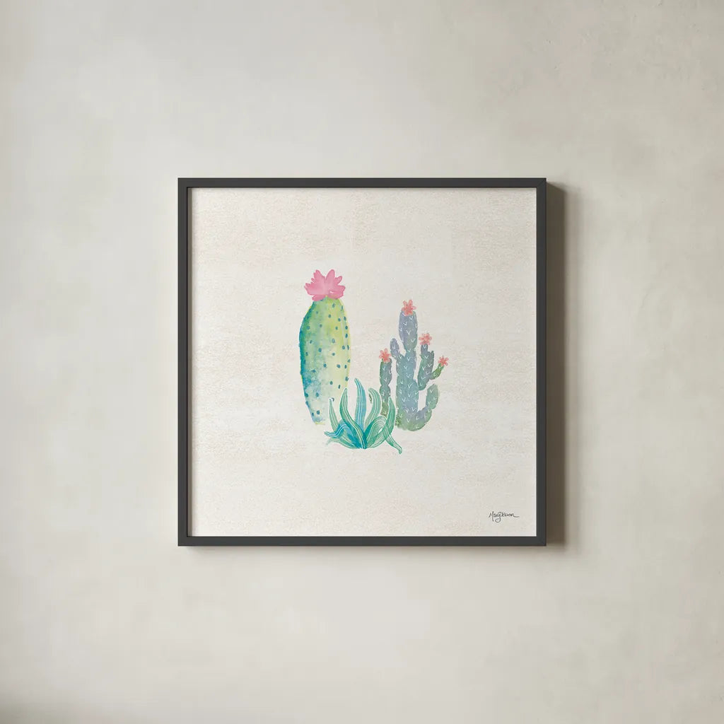 Bohemian Cactus V by Mary Urban. Shown in a sleek black glass frame for a contemporary gallery look. Available as an archival giclee rolled canvas, fine art paper, or poster print. SKU 46235a.
