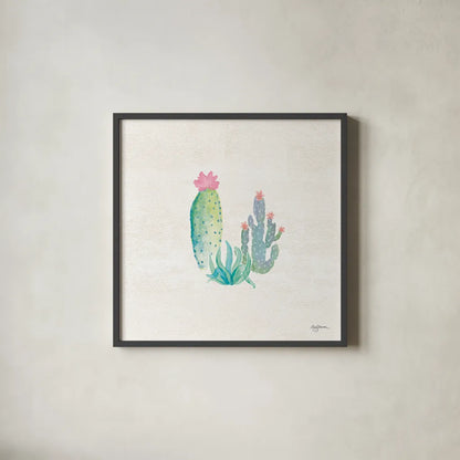 Bohemian Cactus V by Mary Urban. Shown in a sleek black glass frame for a contemporary gallery look. Available as an archival giclee rolled canvas, fine art paper, or poster print. SKU 46235a.